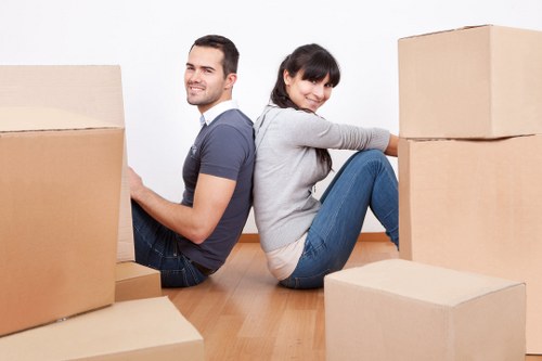 Prepared office boxes and equipment ready for relocation in Covent Garden